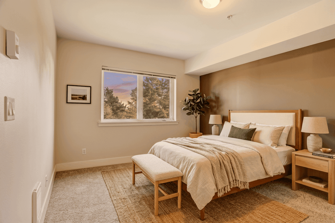 Bedroom with a queen-sized bed, upholstered headboard, two nightstands, and a large window overlo...