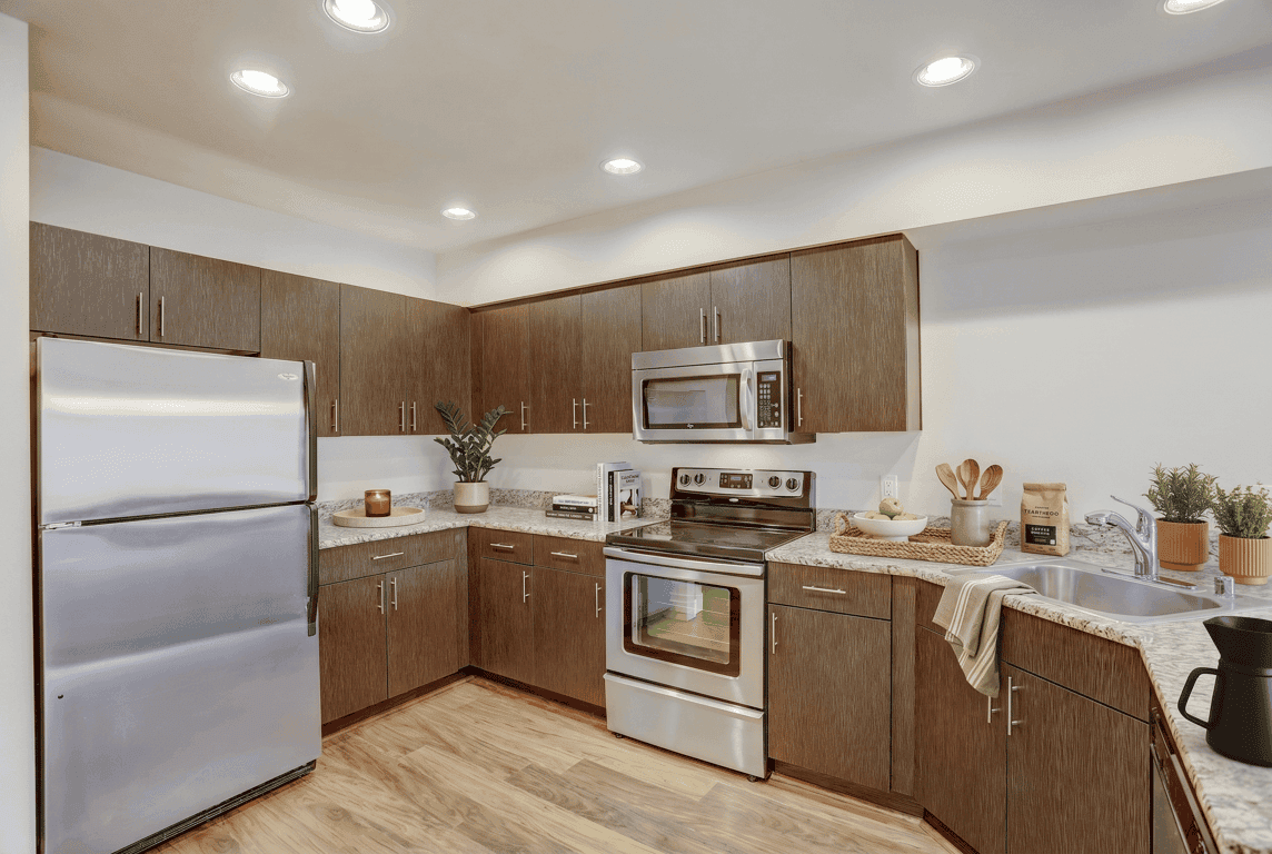 Kitchen with stainless steel appliances, dark wood-look cabinetry, light speckled countertops, an...