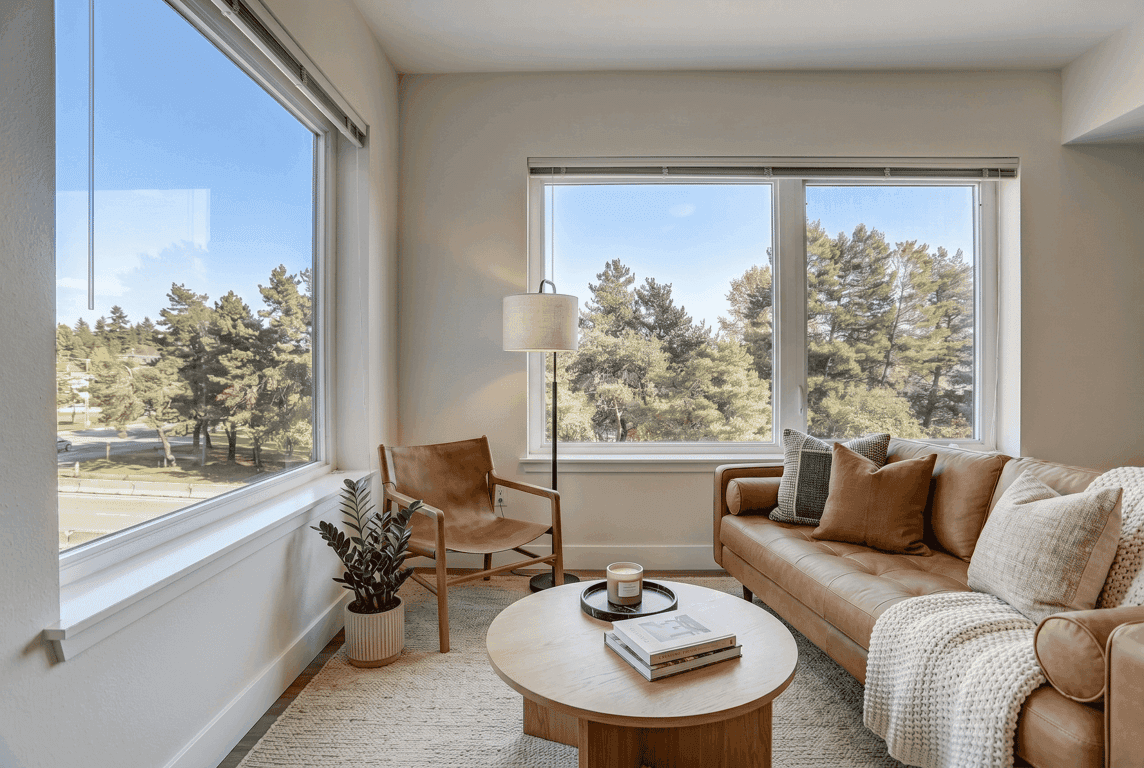Spacious living room with tan leather sofa, armchair, coffee table, and large windows overlooking...
