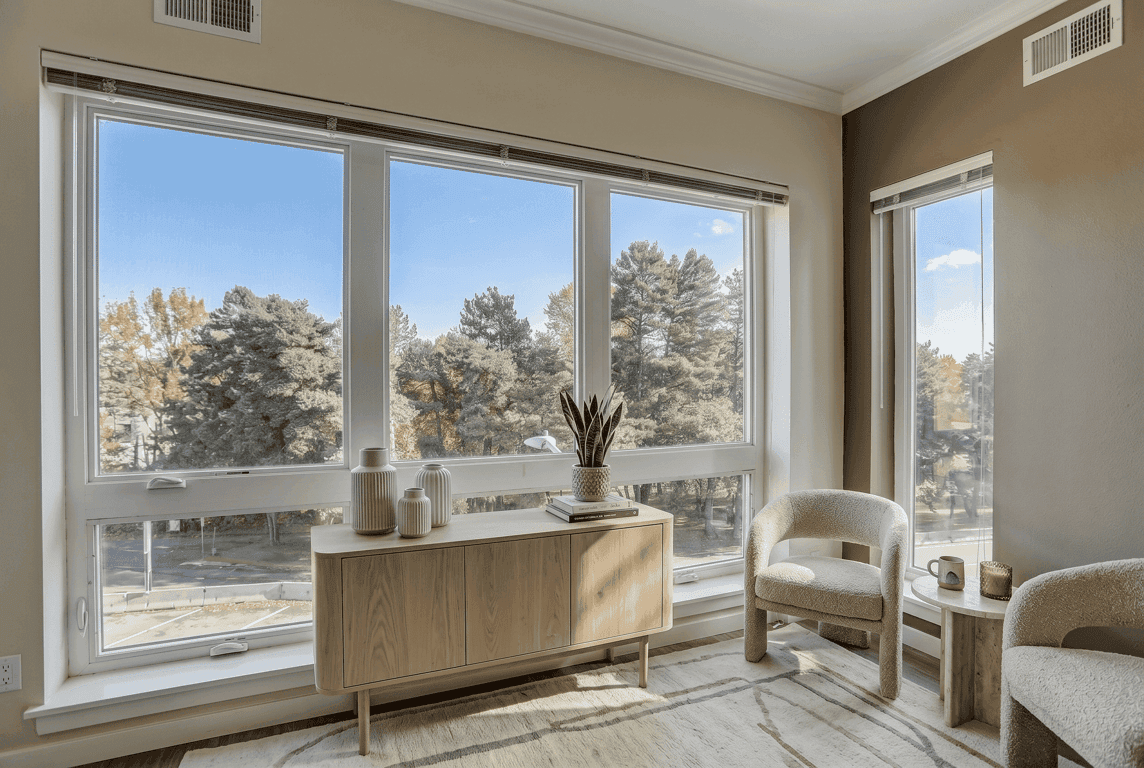 Spacious living room with large windows, modern credenza, and two textured armchairs overlooking ...